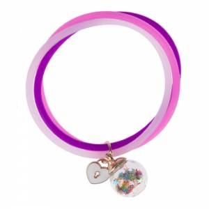 Силикон браслет с 2 подвесками:шарик с подвиж.конфетти и метал.шармик "Gitter stars & Heart lock"