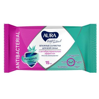 Влажные салфетки Aura Tropic Cocktail, c антибактериальным эффектом, 15 шт